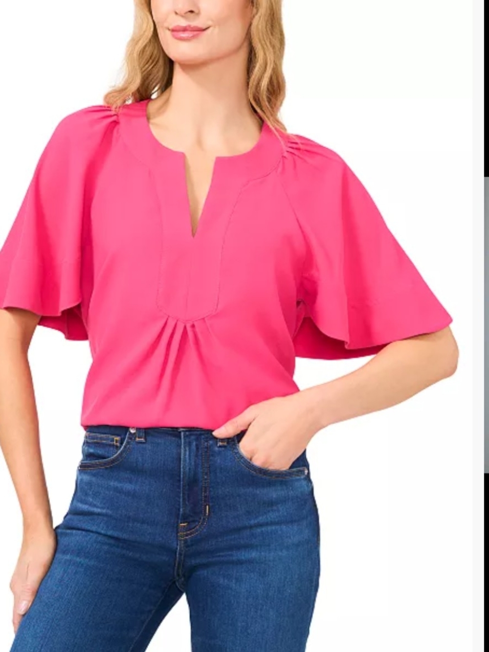 CeCe Hot Pink Flutter Sleeve Notch Neck Blouse